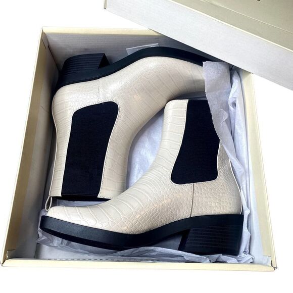 Open Edit Rectangular Toe Stacked Heel Croc-Embossed Ayla Chelsea Boot Ivory 8 - Picture 1 of 14